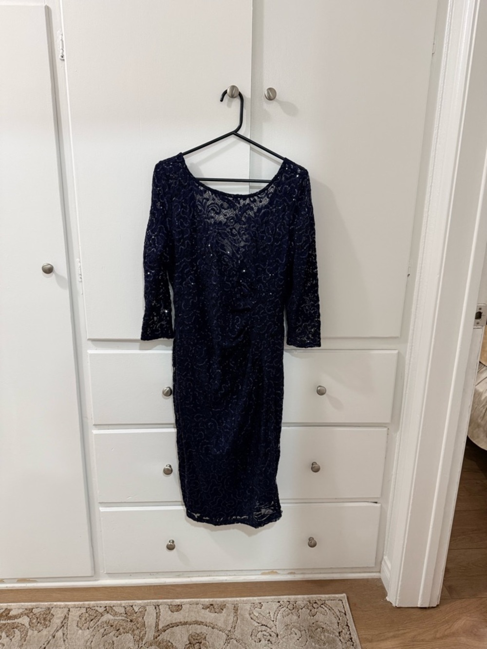 Marina Navy Lace Sheath Dress with Three-Quarter Sleeves.